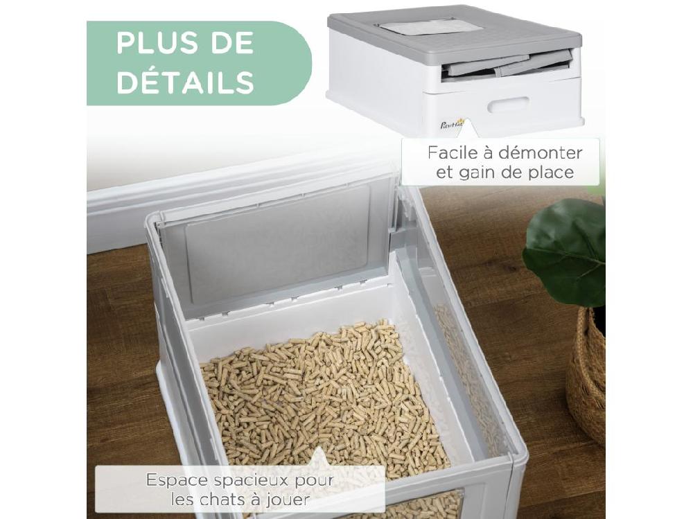 Vente Unique Maison De Toilette Pliable Pour Chat - Tiroir à Litière Coulissant Porte Battante Et Trappe Transparente Pelle - Blanc Gris