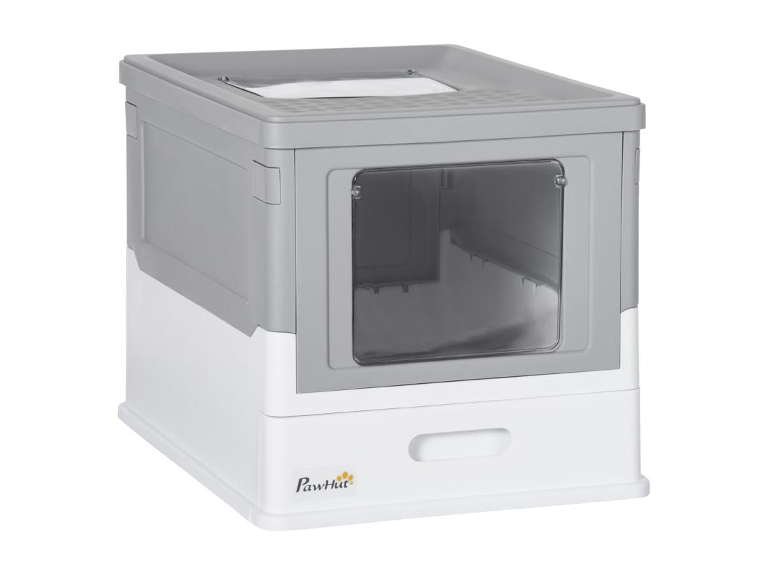 Vente Unique Maison De Toilette Pliable Pour Chat - Tiroir à Litière Coulissant Porte Battante Et Trappe Transparente Pelle - Blanc Gris