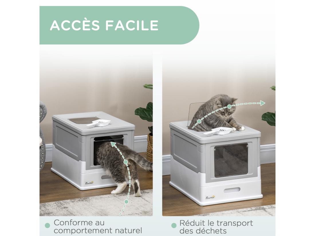 vente unique Maison de toilette pliable pour chat - tiroir à litière coulissant porte battante et trappe transparente pelle - blanc gris