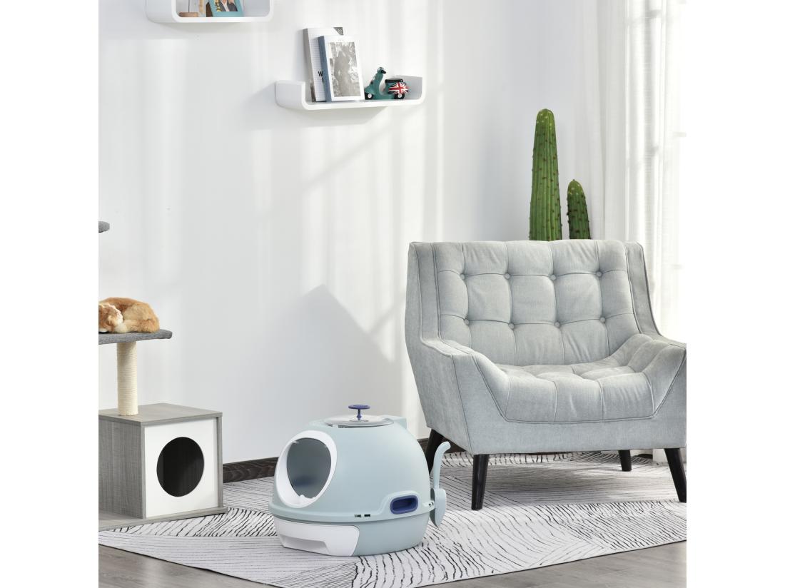 Vente Unique Maison De Toilette Portable Pour Chat Tiroir à Litière Coulissant Porte Battante Lucarne + Pelle Fournis Dim. 47L X 55l X 44H Cm Bleu