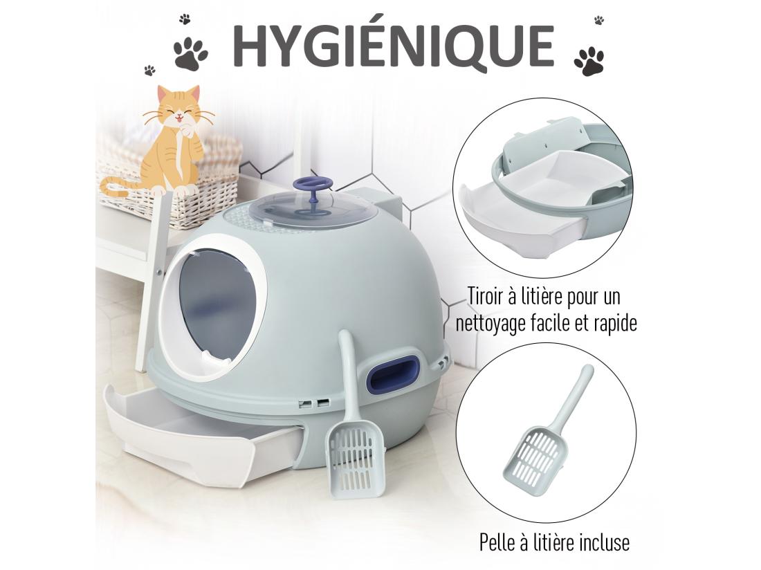 Vente Unique Maison De Toilette Portable Pour Chat Tiroir à Litière Coulissant Porte Battante Lucarne + Pelle Fournis Dim. 47L X 55l X 44H Cm Bleu