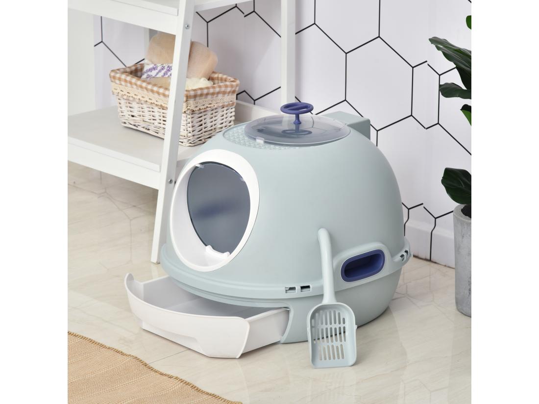 vente unique Maison de toilette portable pour chat tiroir à litière coulissant porte battante lucarne + pelle fournis dim. 47L x 55l x 44H cm bleu