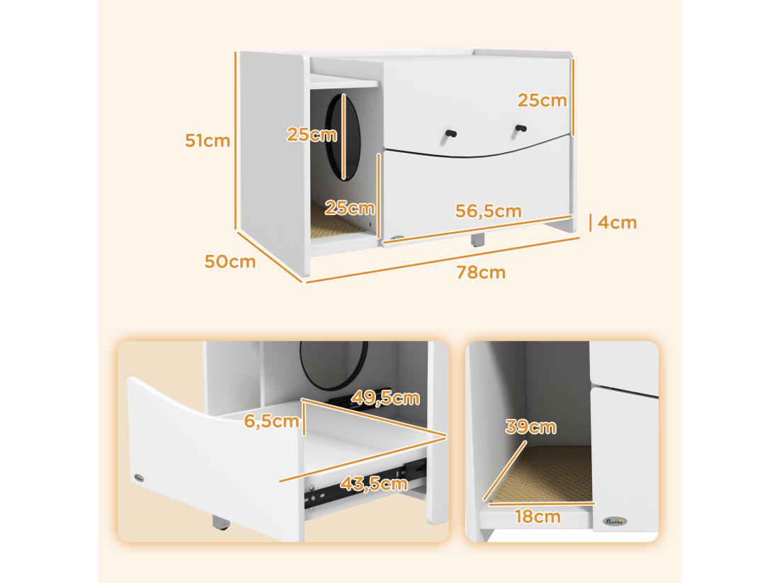 Vente Unique Maison De Toilette Pour Chat - Meuble Cache Litière - Compartiment Coulissant Aérations Tapis De Fuite - Blanc