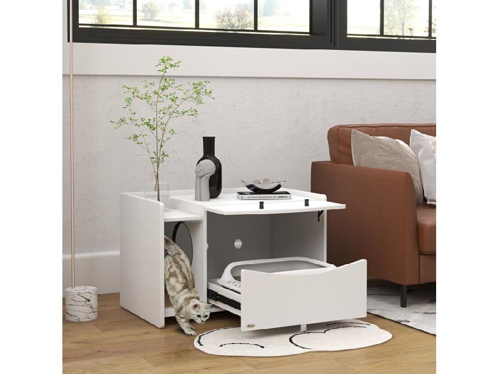 Vente Unique Maison De Toilette Pour Chat - Meuble Cache Litière - Compartiment Coulissant Aérations Tapis De Fuite - Blanc