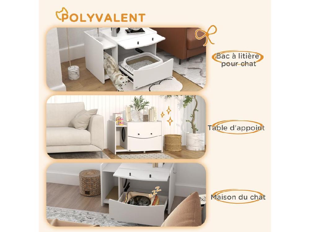 vente unique Maison de toilette pour chat - meuble cache litière - compartiment coulissant aérations tapis de fuite - blanc