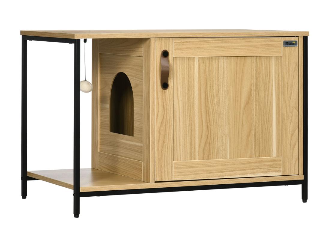 Vente Unique Maison De Toilette Pour Chat Style Industriel Porte Entrée Latérale Boule Suspendue Châssis Acier Aspect Bois Clair