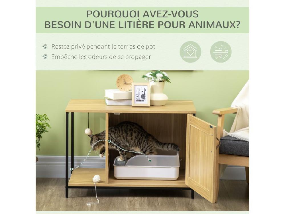 Vente Unique Maison De Toilette Pour Chat Style Industriel Porte Entrée Latérale Boule Suspendue Châssis Acier Aspect Bois Clair