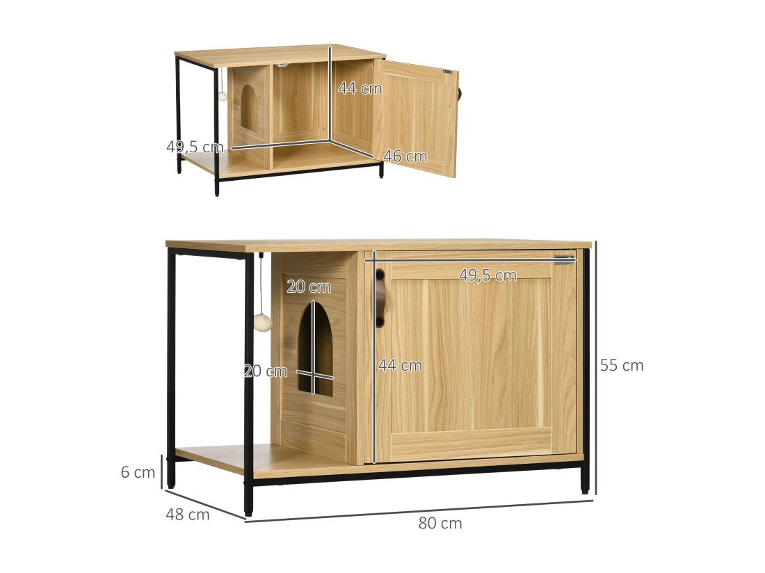 Vente Unique Maison De Toilette Pour Chat Style Industriel Porte Entrée Latérale Boule Suspendue Châssis Acier Aspect Bois Clair