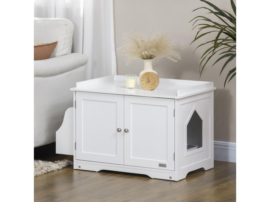 Vente Unique Maison De Toilette Pour Chat Table D'appoint 2 En 1 - 2 Portes Cloison Amovible Rangement Latéral - Blanc