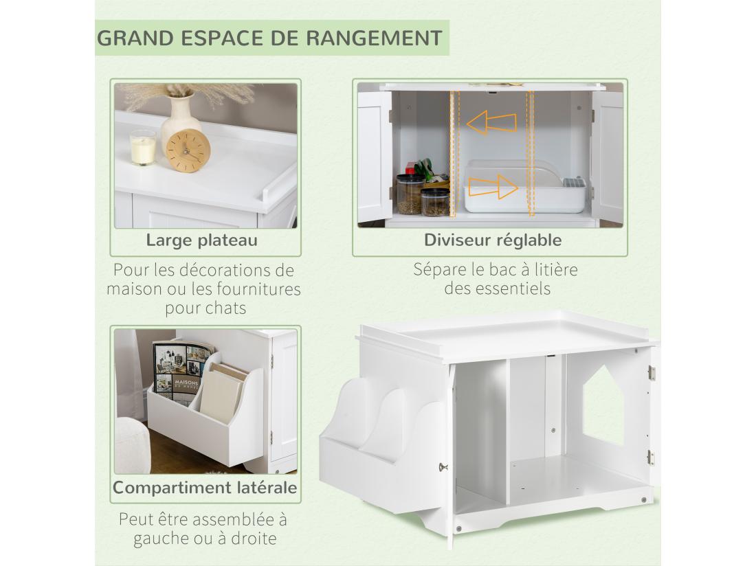 Vente Unique Maison De Toilette Pour Chat Table D'appoint 2 En 1 - 2 Portes Cloison Amovible Rangement Latéral - Blanc