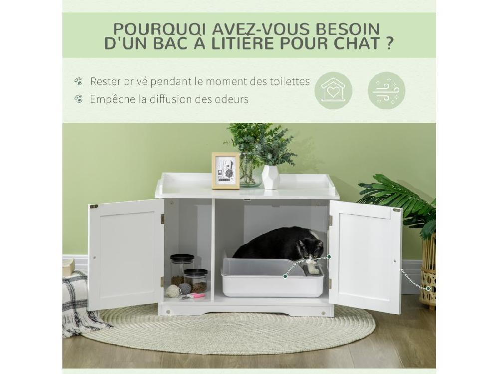 vente unique Maison de toilette pour chat table d'appoint 2 en 1 - 2 portes cloison amovible rangement latéral - blanc