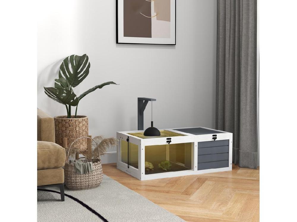 Vente Unique Maison Enclos Cage Pour Petit Animal Tortue Avec 2 Espaces Bois Gris