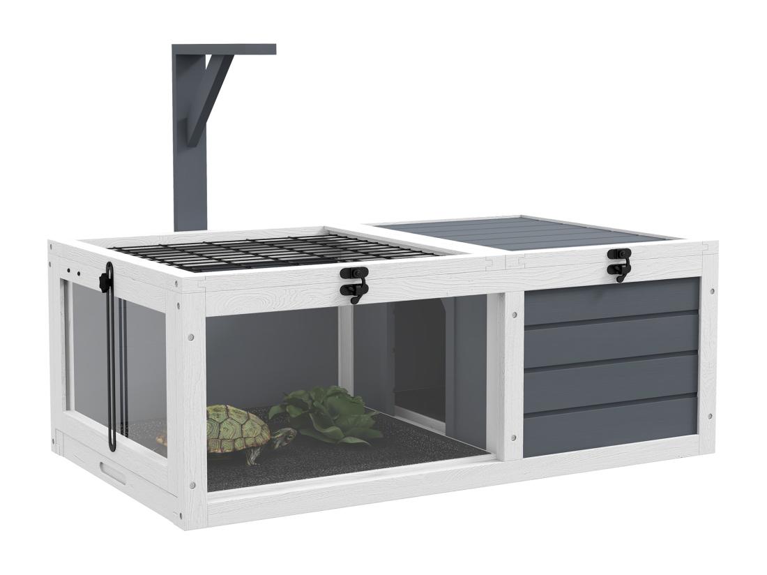 Vente Unique Maison Enclos Cage Pour Petit Animal Tortue Avec 2 Espaces Bois Gris