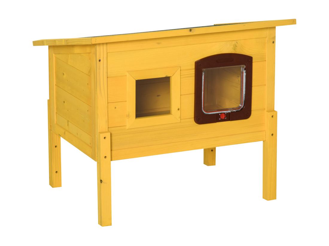 Vente Unique Maison Niche Pour Chat Sur Pied Toit Bitumé Ouvrant Porte Fenêtre Bois Verni