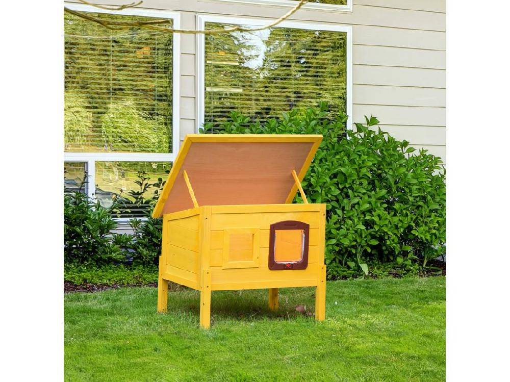 Vente Unique Maison Niche Pour Chat Sur Pied Toit Bitumé Ouvrant Porte Fenêtre Bois Verni