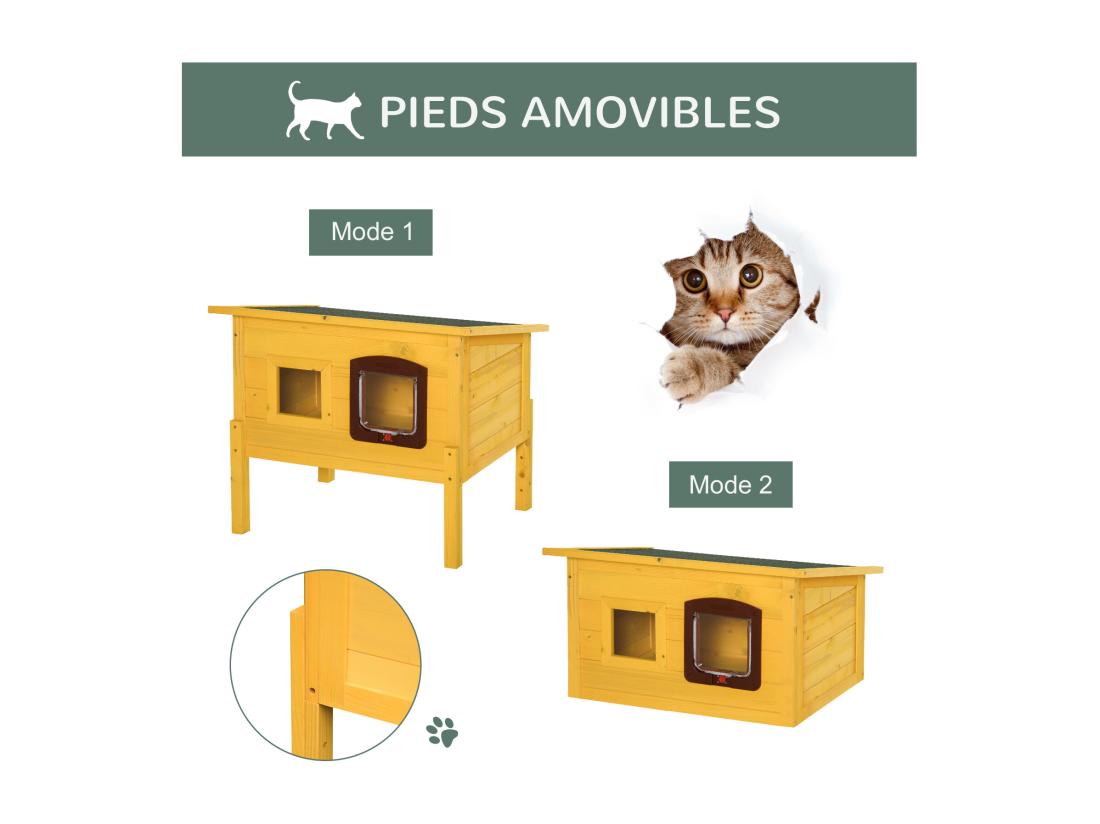 Vente Unique Maison Niche Pour Chat Sur Pied Toit Bitumé Ouvrant Porte Fenêtre Bois Verni