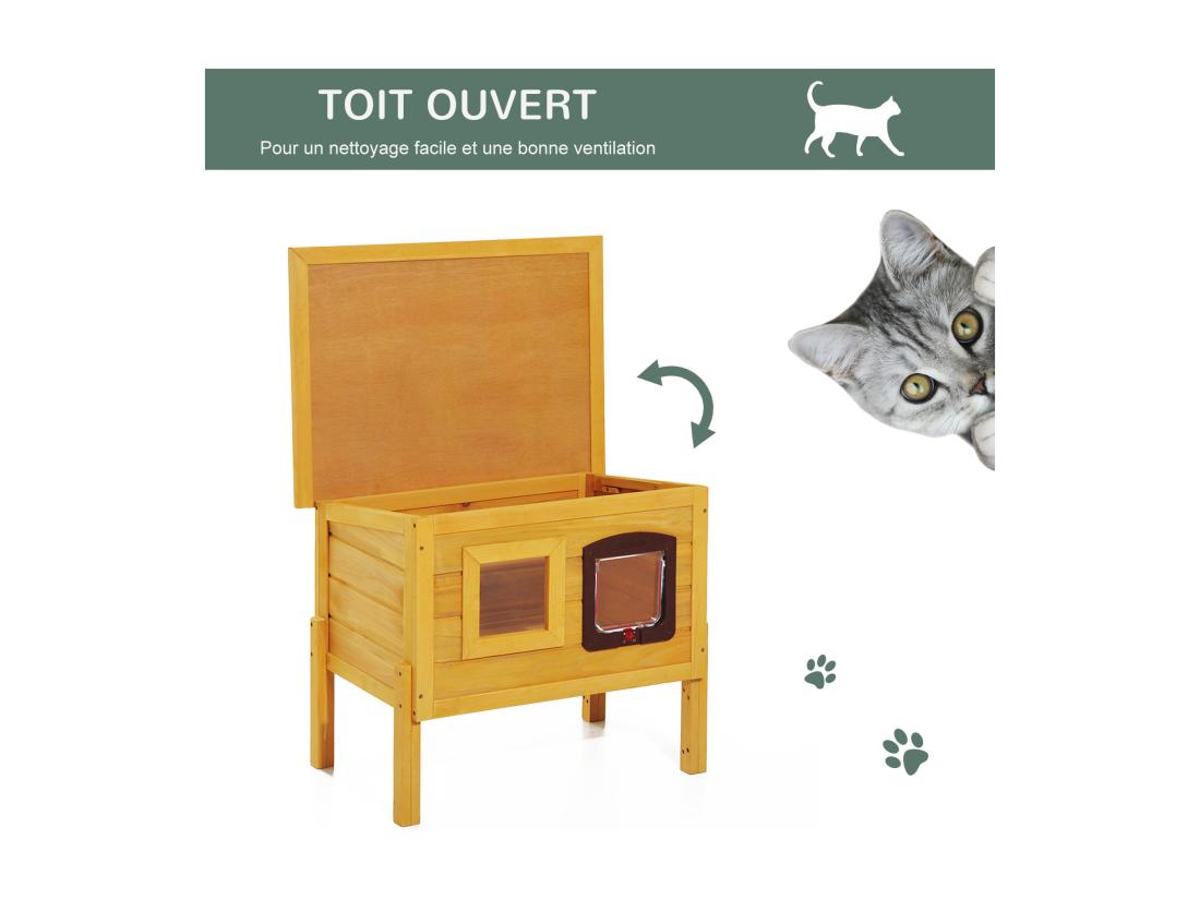 vente unique Maison niche pour chat sur pied toit bitumé ouvrant porte fenêtre bois verni