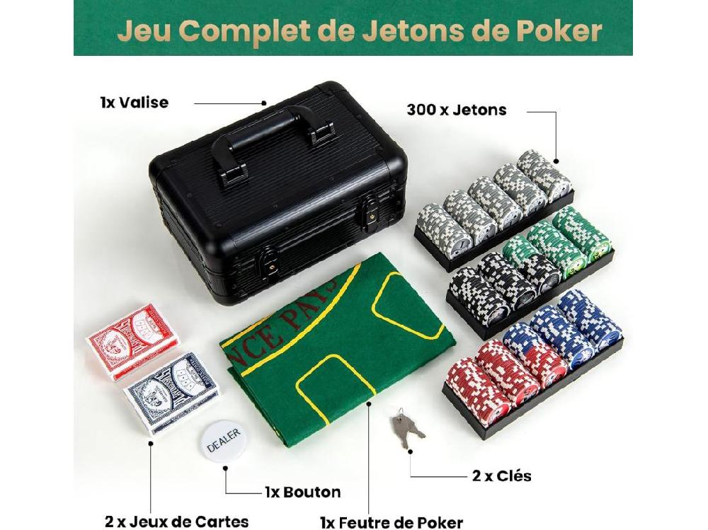 Vente Unique Mallette De Poker En Aluminium Avec 300 Jetons & 2 Jeux De Cartes Coffret De Poker Verrouillable Avec 1 Dealer & Tapis En Feutre & 2 Clés Pour Casino Fête Voyage