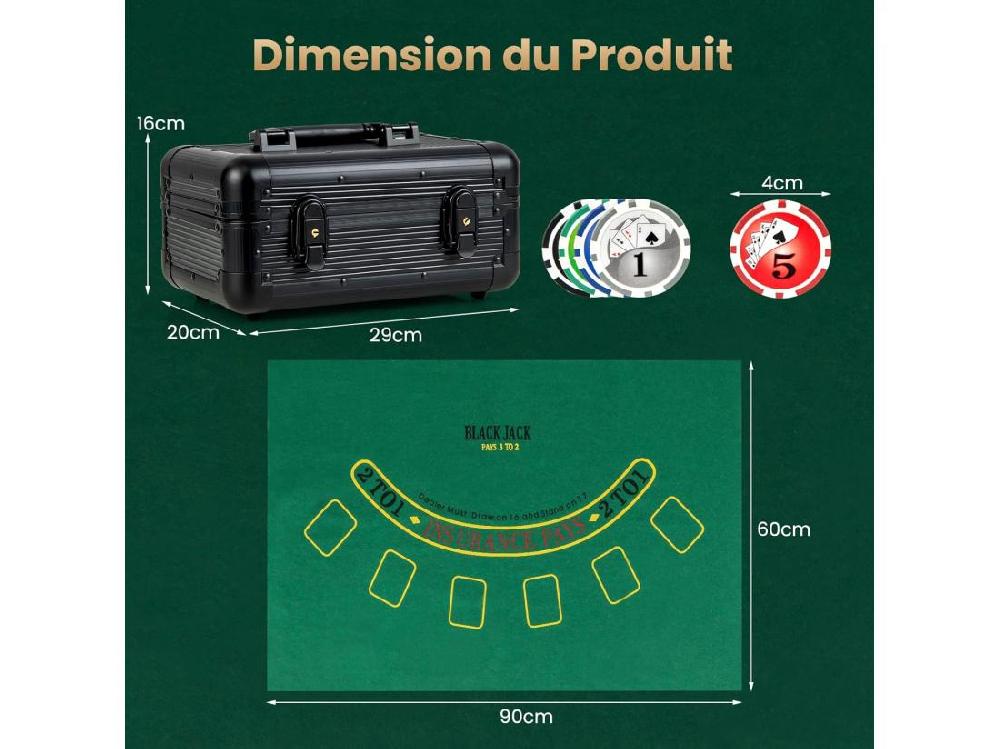 Vente Unique Mallette De Poker En Aluminium Avec 300 Jetons & 2 Jeux De Cartes Coffret De Poker Verrouillable Avec 1 Dealer & Tapis En Feutre & 2 Clés Pour Casino Fête Voyage