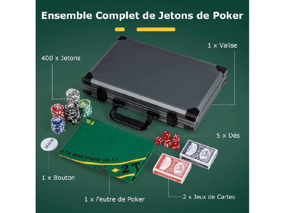 Vente Unique Mallette De Poker En Aluminium Avec 400 Jetons & 2 Jeux De Cartes & 5 Dés Coffret De Poker Verrouillable Avec 1 Dealer & Tapis En Feutre & 2 Clés