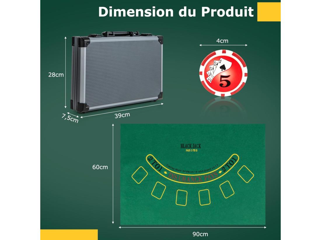 Vente Unique Mallette De Poker En Aluminium Avec 400 Jetons & 2 Jeux De Cartes & 5 Dés Coffret De Poker Verrouillable Avec 1 Dealer & Tapis En Feutre & 2 Clés