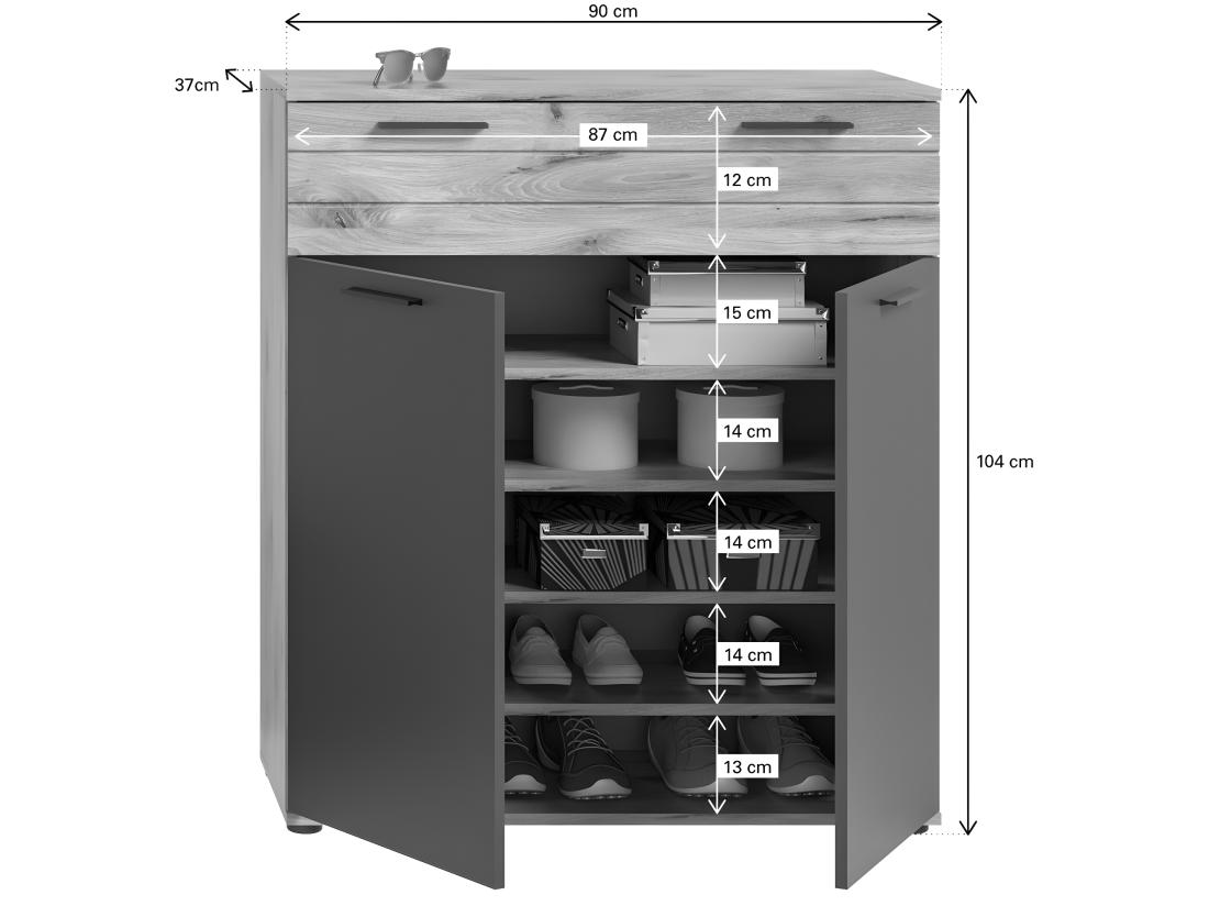 Vente Unique Mason Meuble à Chaussures 2 Portes 1 Tiroir Chêne Décor