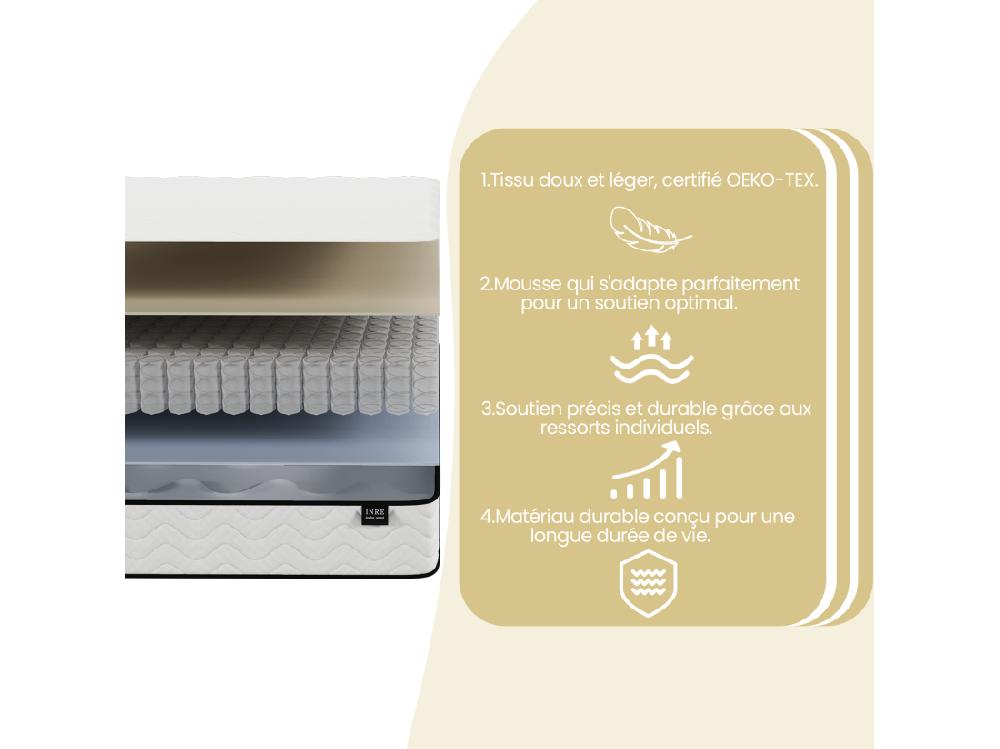 Vente Unique Matelas 90x190 Cm - INRE Ressorts Ensachés Solide Et Confortable Certifié Oeko-tex épaisseur 22cm 7 Zones Différenciées