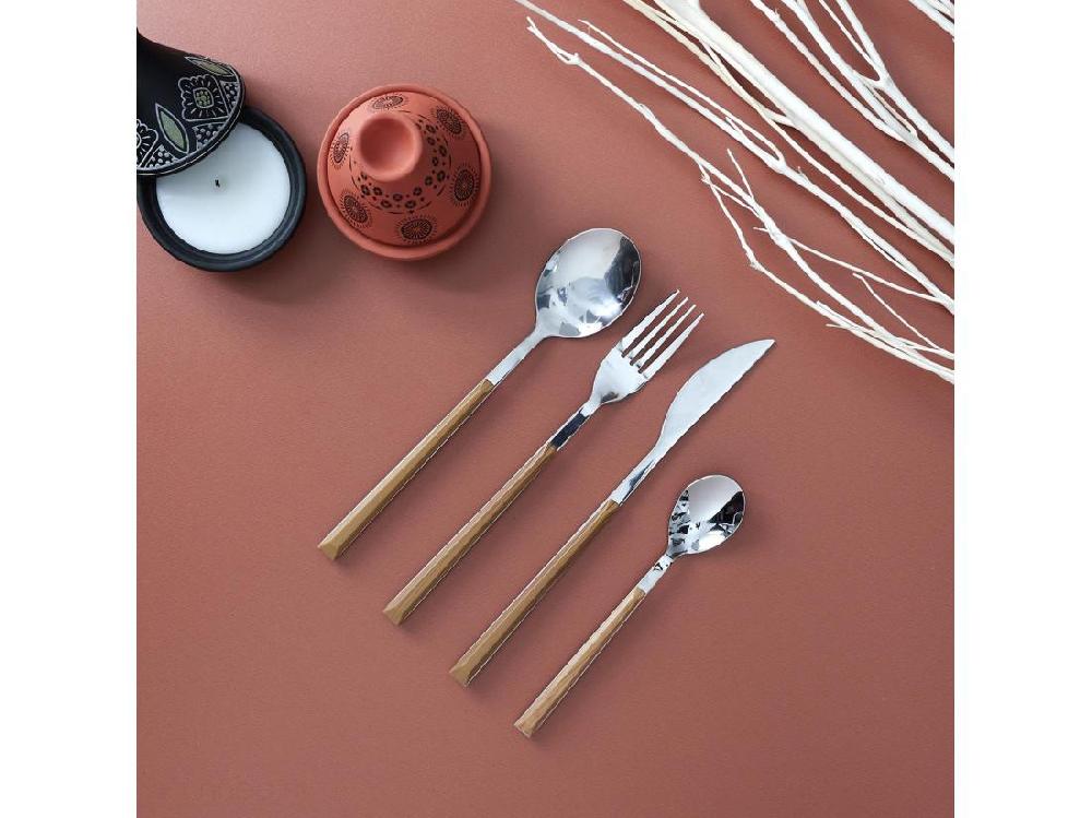 Vente Unique Ménagère En Acier Inoxydable 16 Couverts Collection LUMBER Effet Bois Marron