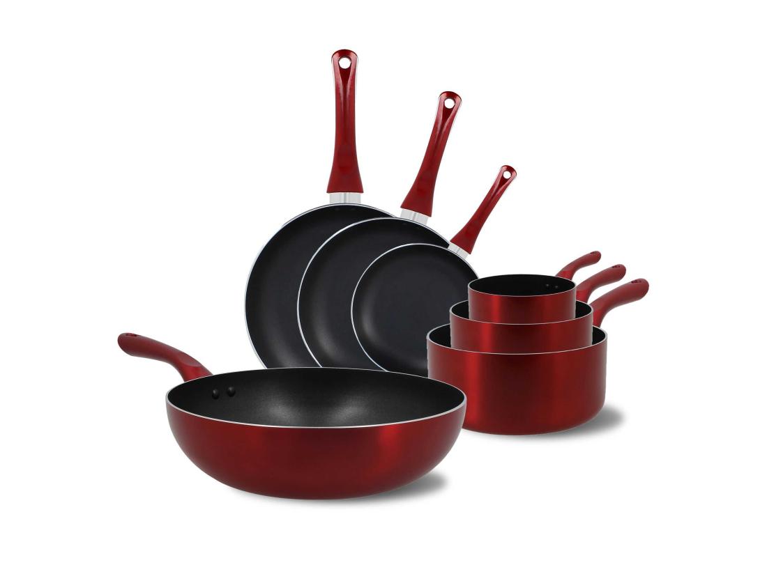 Vente Unique Menastyl - Set 7 Pieces Cerise Casserole Poele Wok En Aluminium Induction