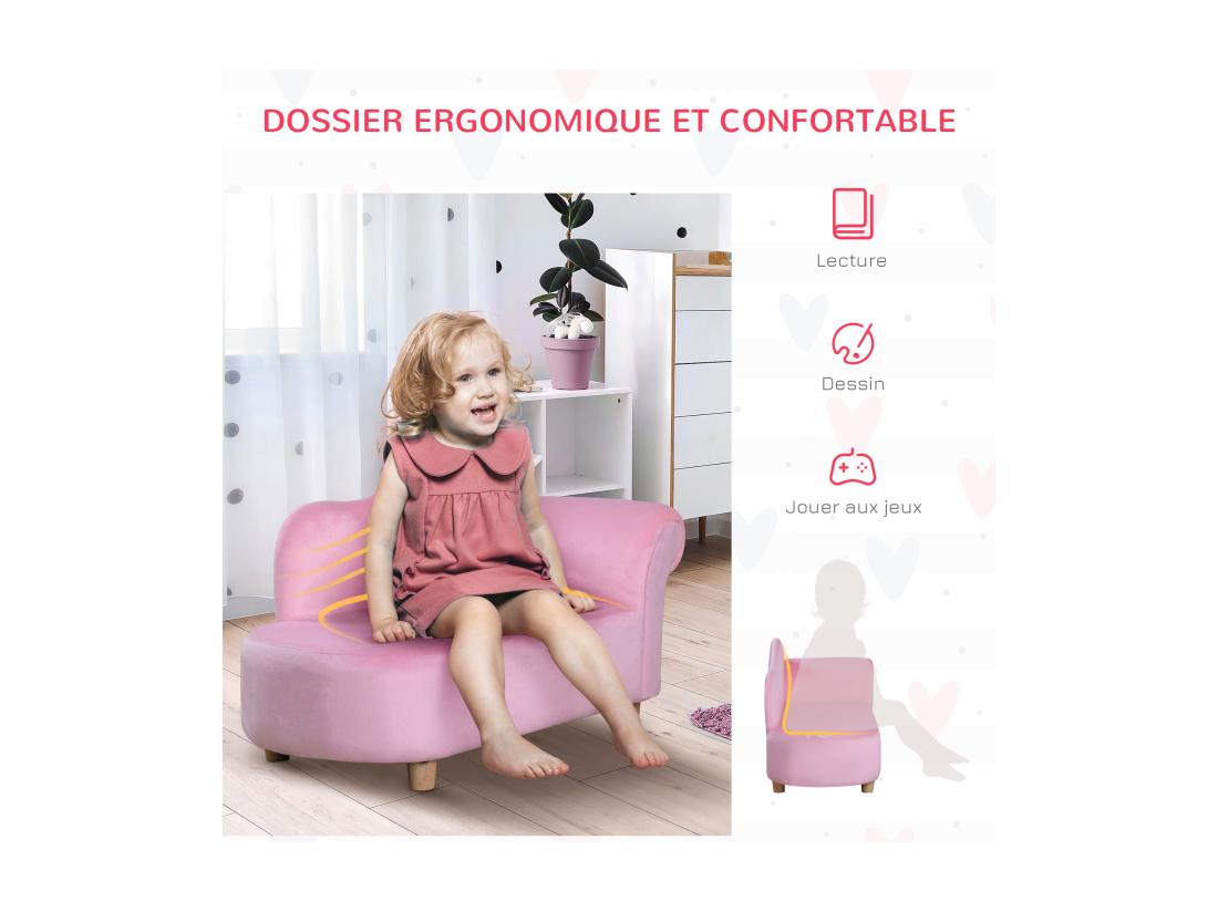 Vente Unique Méridienne Canapé Enfant Design Girly Piètement Bois Revêtement Grande Douceur Toucher Velours Rose