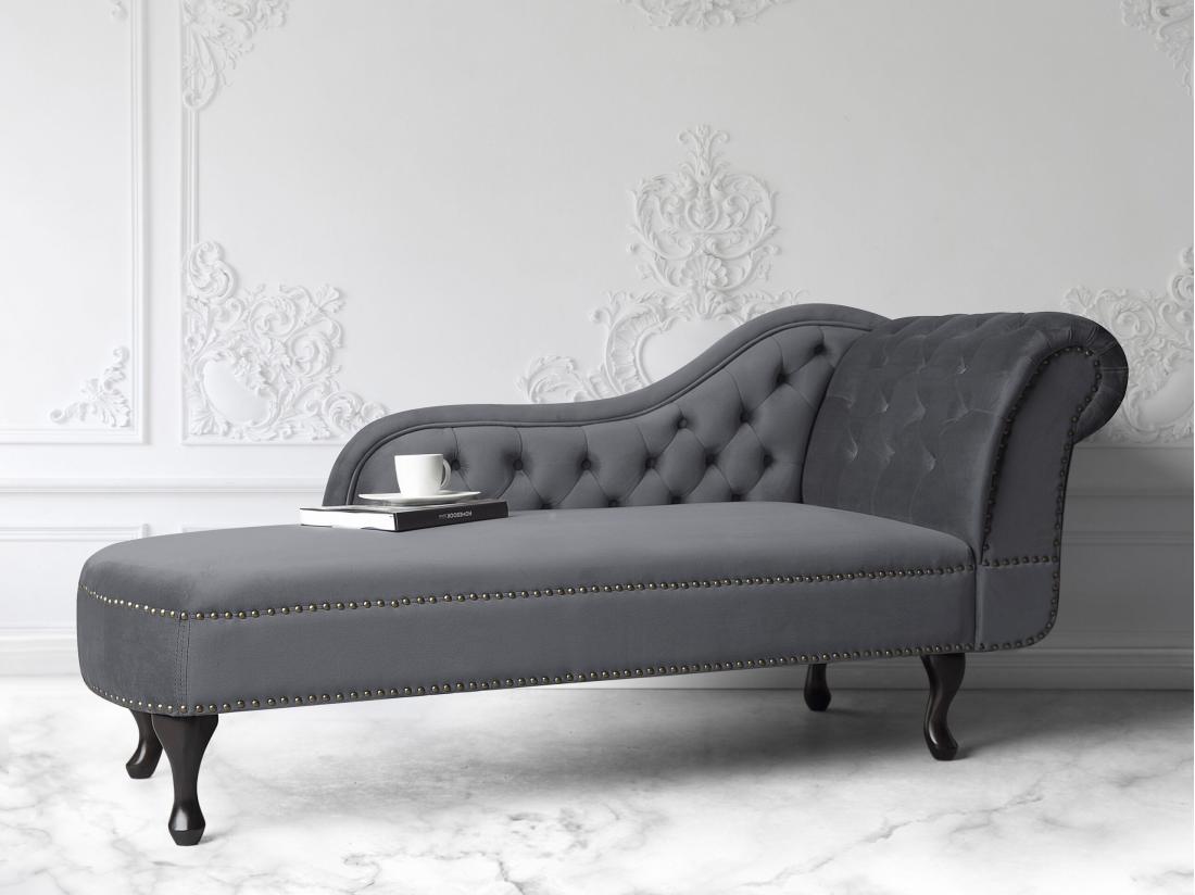 Vente Unique Méridienne Chesterfield Côté Droit En Velours Gris NIMES