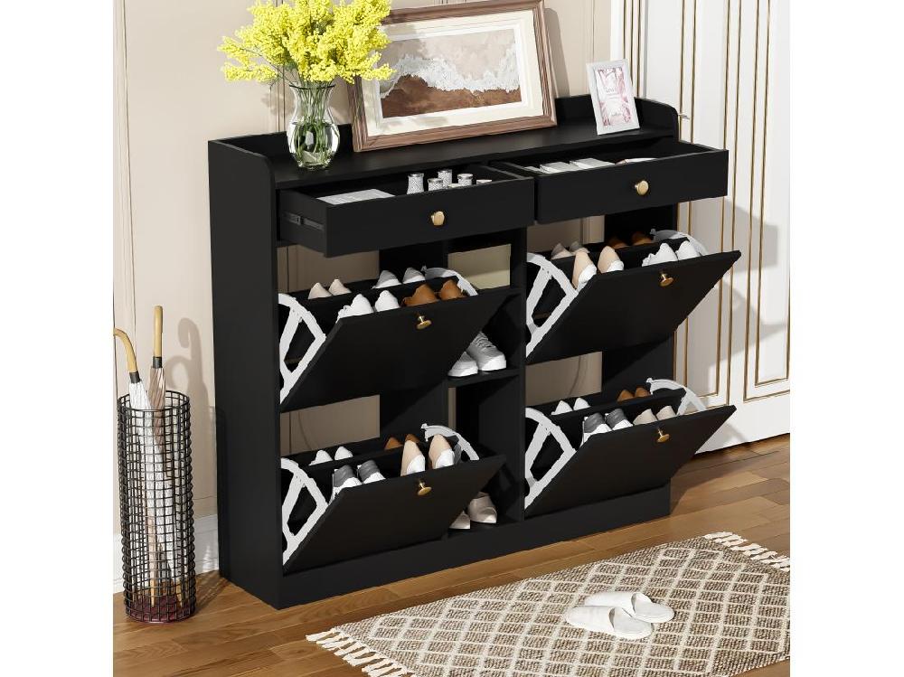 Vente Unique Meuble à Chaussures 110 X 26 X 100 Cm - Avec 4 Portes - 2 Tiroirs - 3 Compartiments Ouverts - Noir