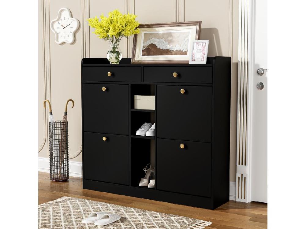 Vente Unique Meuble à Chaussures 110 X 26 X 100 Cm - Avec 4 Portes - 2 Tiroirs - 3 Compartiments Ouverts - Noir