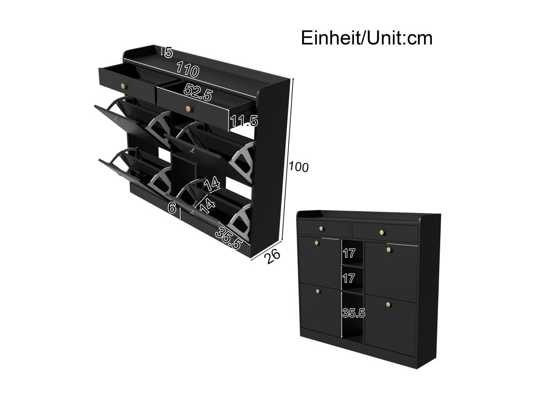 Vente Unique Meuble à Chaussures 110 X 26 X 100 Cm - Avec 4 Portes - 2 Tiroirs - 3 Compartiments Ouverts - Noir
