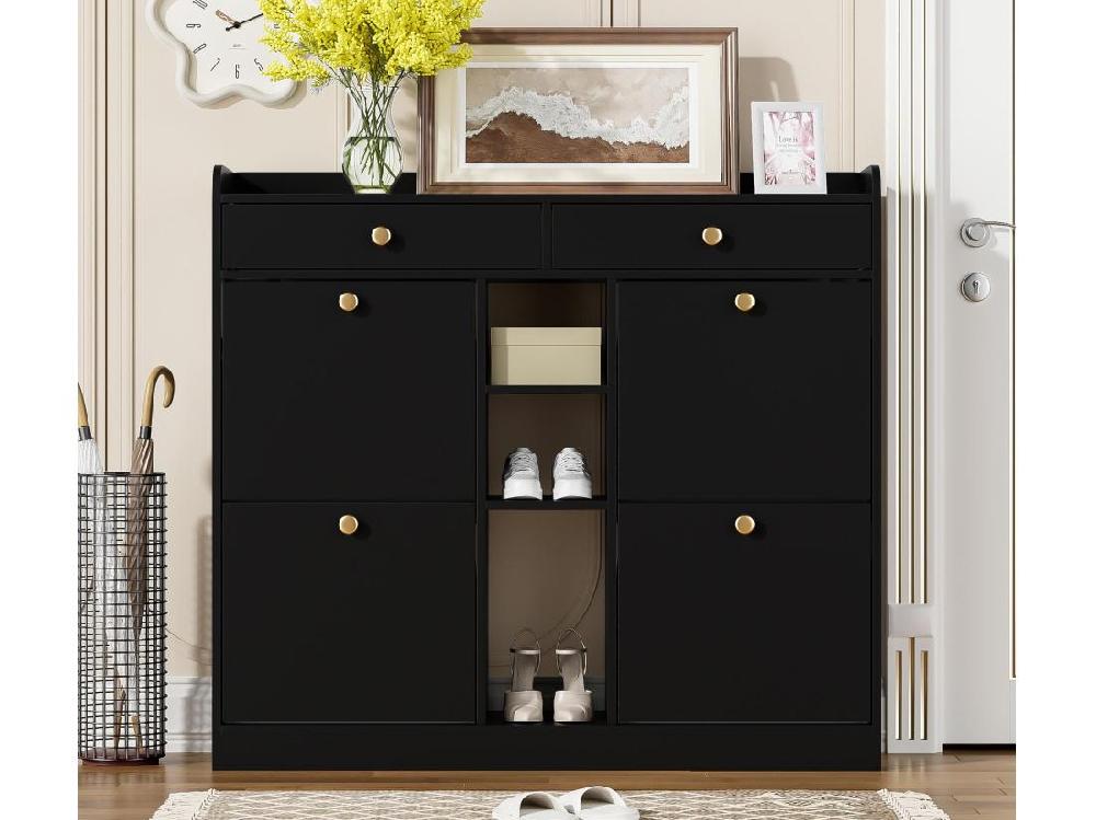 vente unique Meuble à chaussures 110 x 26 x 100 cm - avec 4 portes - 2 tiroirs - 3 compartiments ouverts - noir