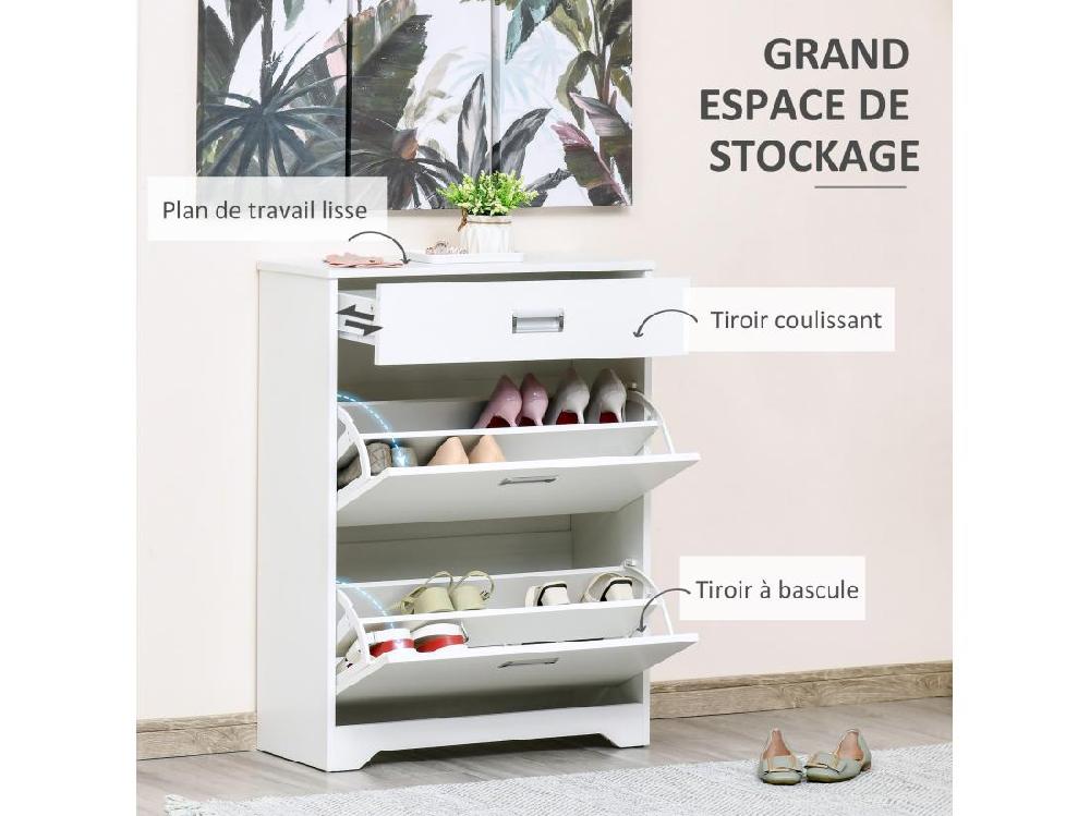 Vente Unique Meuble à Chaussures 2 Tiroirs Rabattables 2 étagères Tiroir Blanc