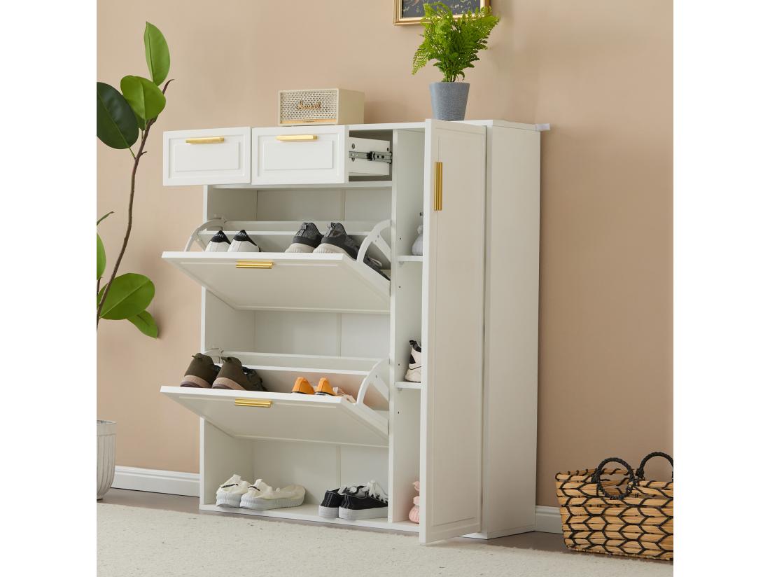 Vente Unique Meuble à Chaussures - 3 Abattants 2 Tiroirs Et 2 étagères - Blanc