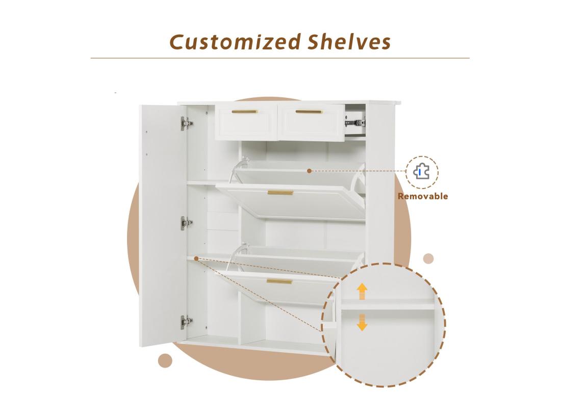 Vente Unique Meuble à Chaussures - 3 Abattants 2 Tiroirs Et 2 étagères - Blanc