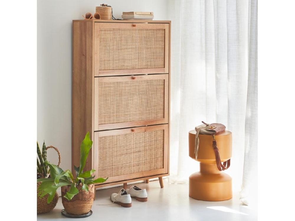 Vente Unique Meuble à Chaussures. 3 Abattants En Cannage. Bohème. L 75 X P 26 X H 131cm