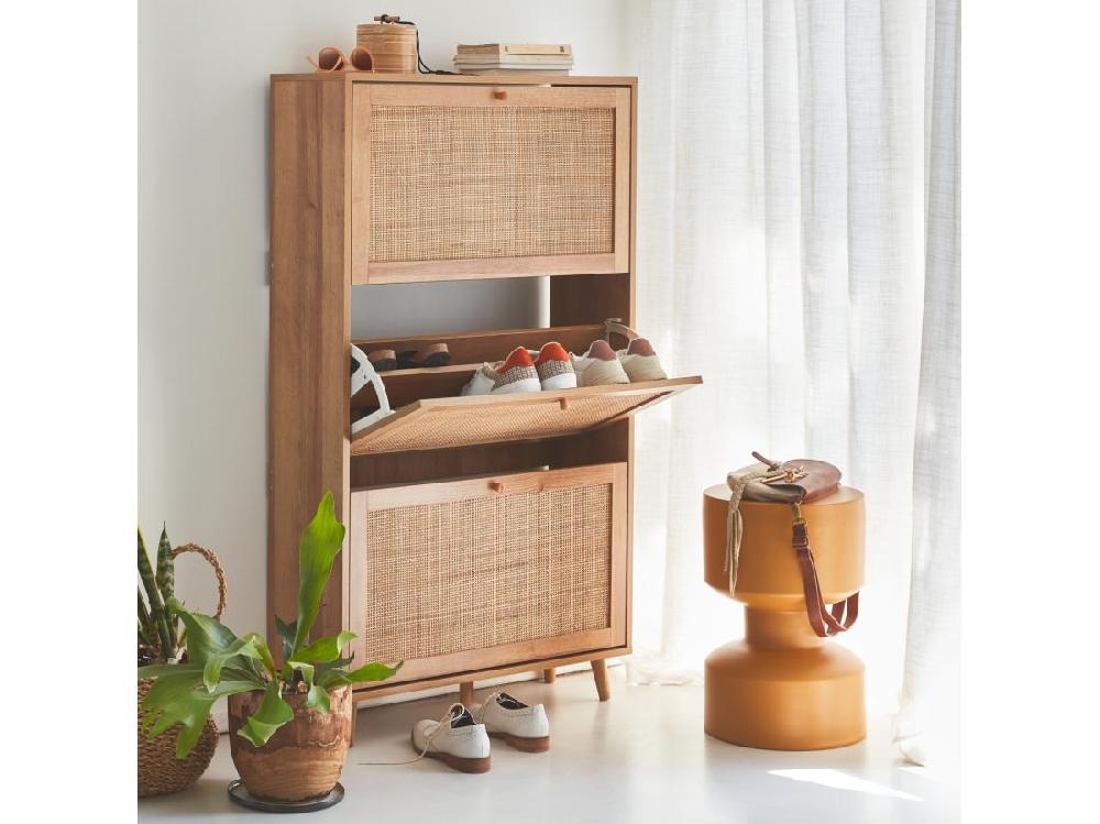 Vente Unique Meuble à Chaussures. 3 Abattants En Cannage. Bohème. L 75 X P 26 X H 131cm