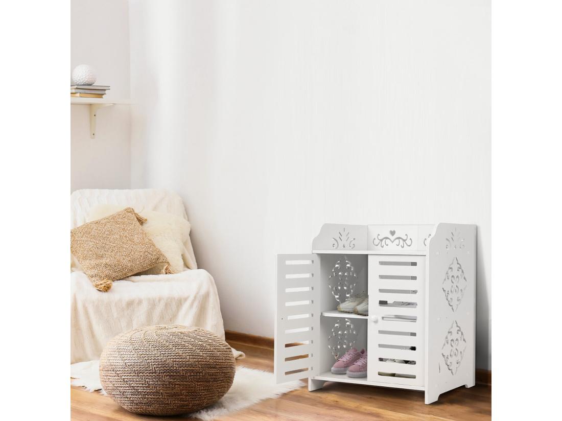 Vente Unique Meuble à Chaussures 3 Étagères Armoire à Chaussures D'entrée 2 Portes Conception De Motif Découpé 40x31x53cm Blanc