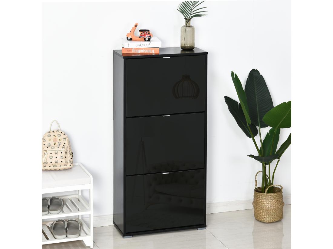 Vente Unique Meuble à Chaussures 3 Portes Abattantes 3 Compartiments MDF Noir Laqué