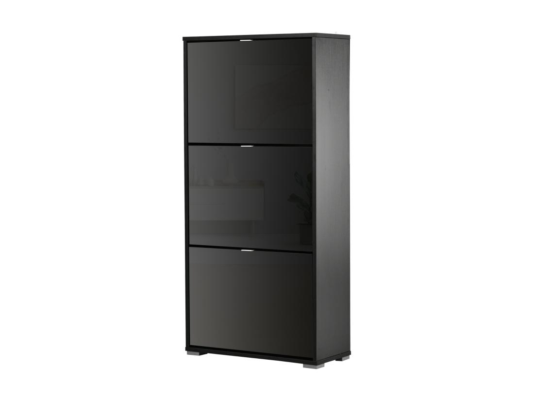 Vente Unique Meuble à Chaussures 3 Portes Abattantes 3 Compartiments MDF Noir Laqué
