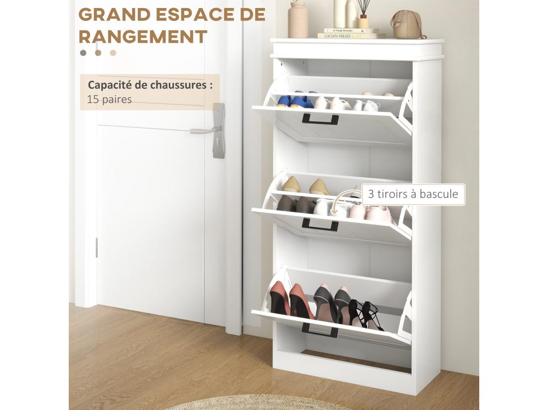 Vente Unique Meuble à Chaussures 3 Portes Abattants 3 étagères Poignées Métal Noir MDF Blanc