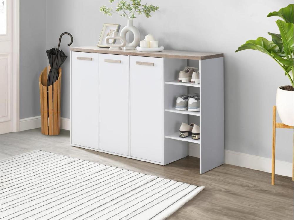 vente unique Meuble à chaussures 3 portes et 3 niches - Blanc et Naturel clair - SKAIDO