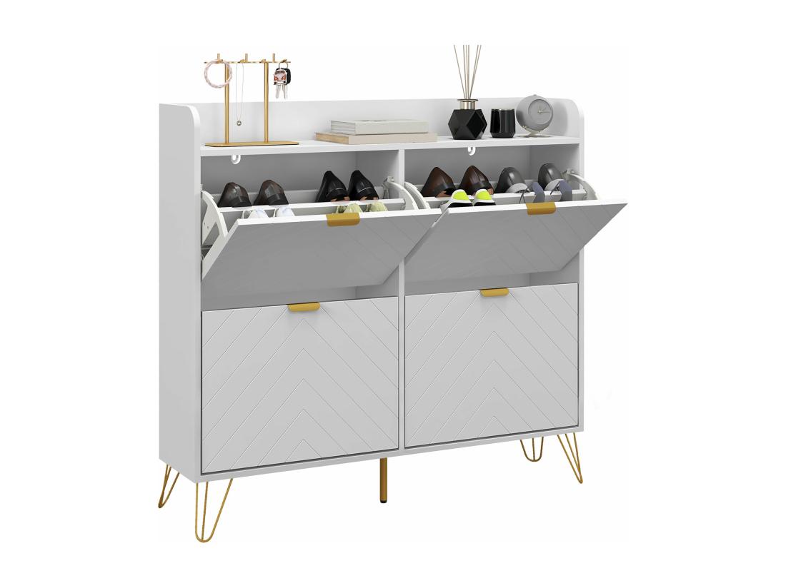 Vente Unique Meuble à Chaussures 4 Abattants Style Art Déco - Dim. 106L X 24l X 102H Cm - Acier Doré MDF Blanc