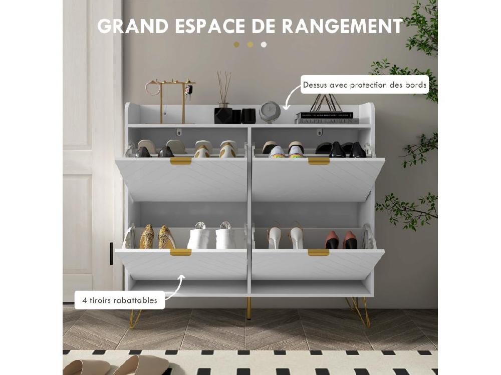 Vente Unique Meuble à Chaussures 4 Abattants Style Art Déco - Dim. 106L X 24l X 102H Cm - Acier Doré MDF Blanc