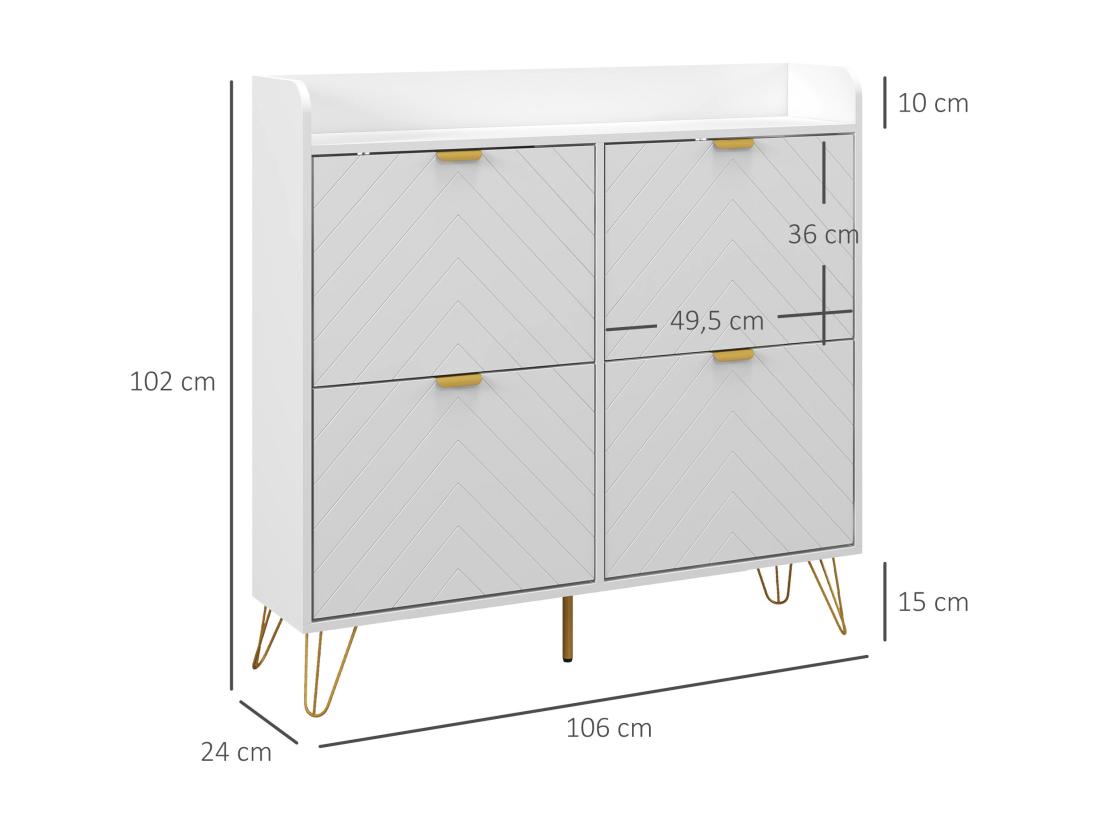 Vente Unique Meuble à Chaussures 4 Abattants Style Art Déco - Dim. 106L X 24l X 102H Cm - Acier Doré MDF Blanc