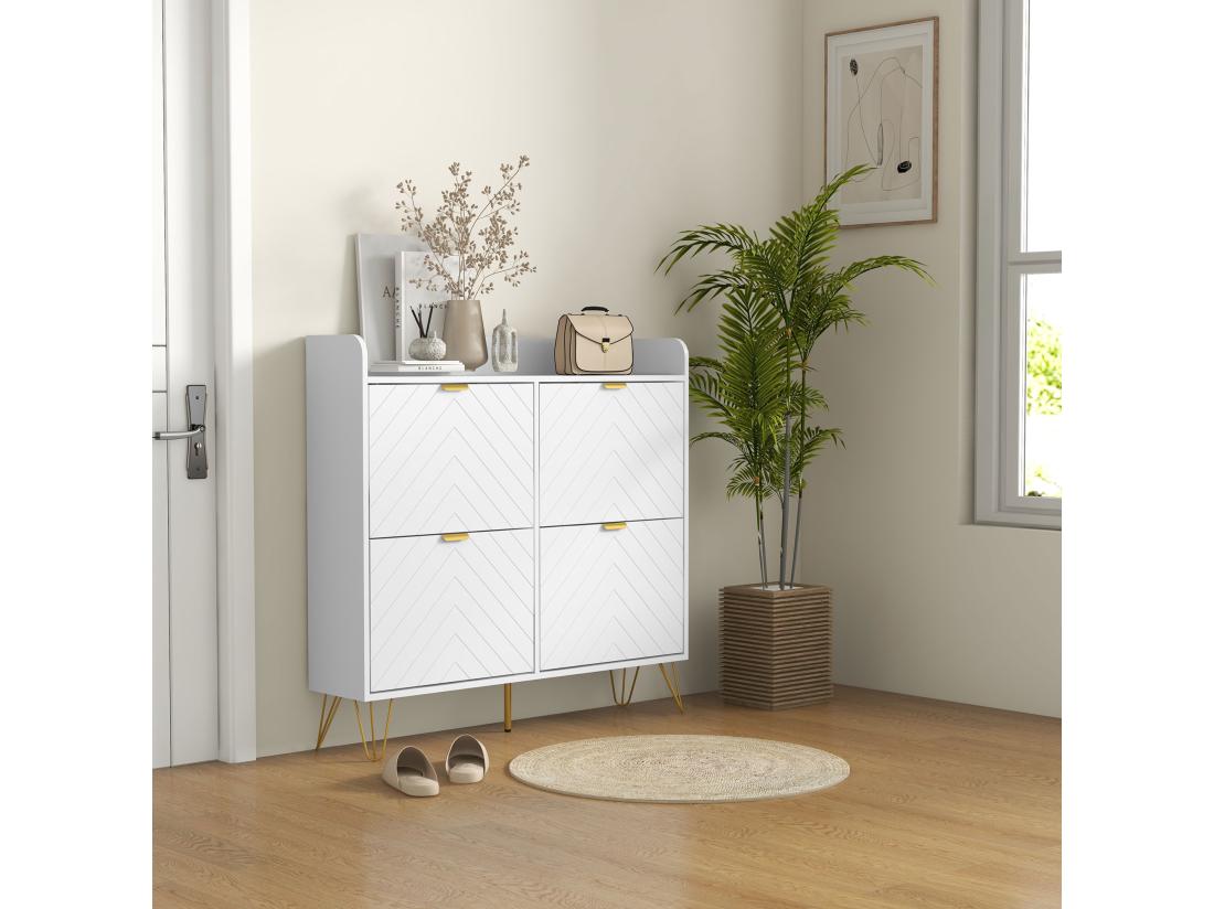 vente unique Meuble à chaussures 4 abattants style art déco - dim. 106L x 24l x 102H cm - acier doré MDF blanc