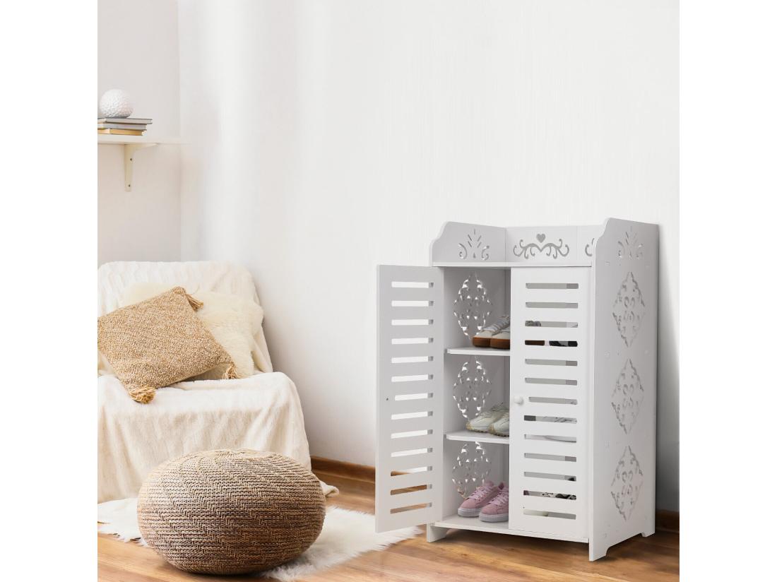 Vente Unique Meuble à Chaussures 4 Étagères Armoire à Chaussures D'entrée 2 Portes Conception De Motif Découpé 40x31x71cm Blanc